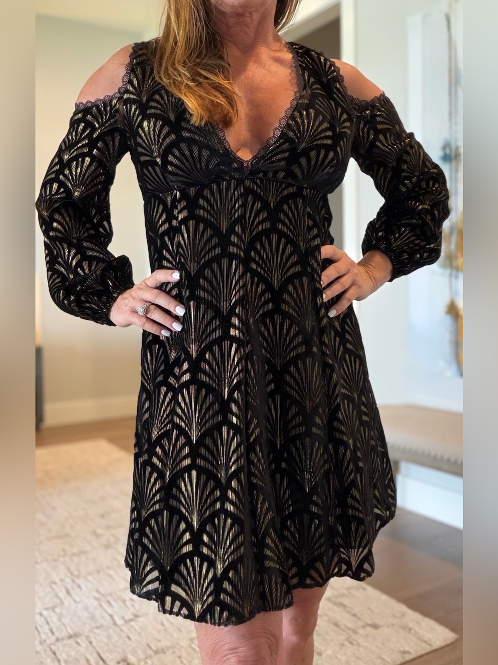 Alice + Olivia Velvet Burnout Cold Shoulder mini dress. Black Gold Art Deco